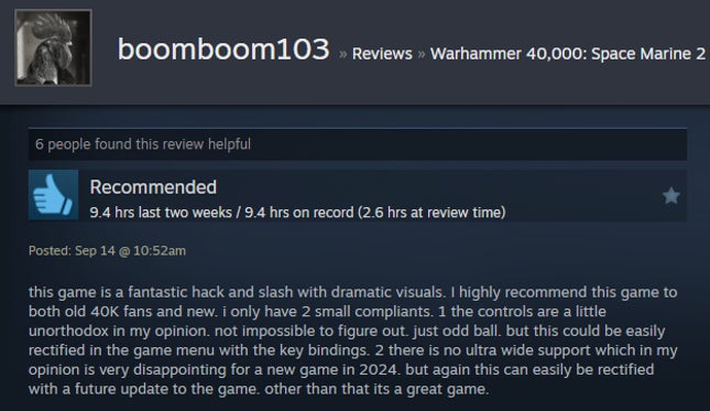 Screenshot of the article titled Warhammer 40,000: Space Marine 2, As Reported by Steam Reviews